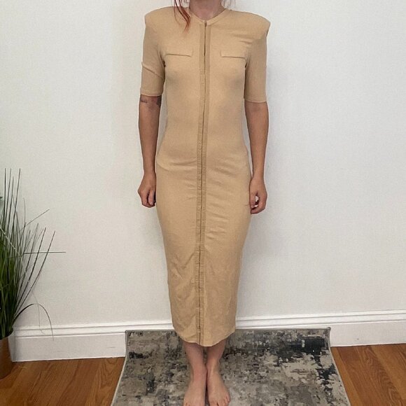 Avec Les Filles Hook & Eye Ribbed Bodycon Dress Short Sleeve Size S Tan - Picture 2 of 4